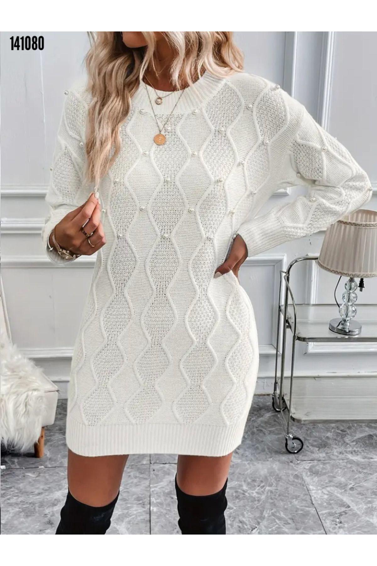 Şair Kadın Uzun Kollu Bisiklet Yaka Desenli Triko Elbise