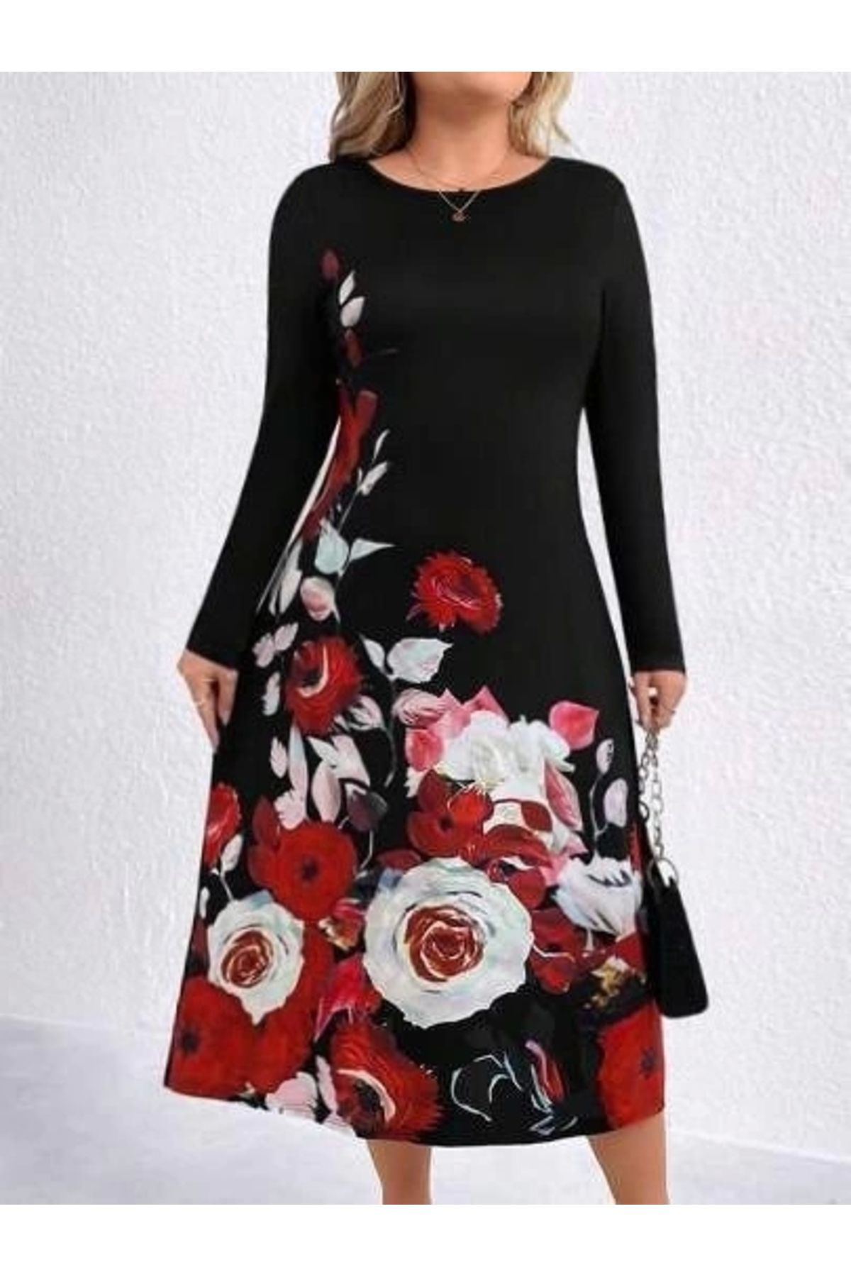 Şair Kadın Uzun Kollu çiçek Baskılı Midi Mikro Elbise