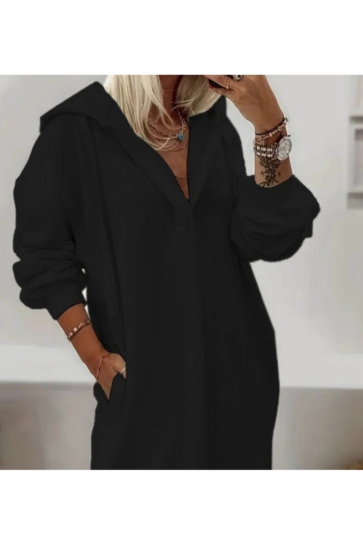 Şair Kadın Uzun Kollu Kapüşonlu Yakası Açık Modal Elbise
