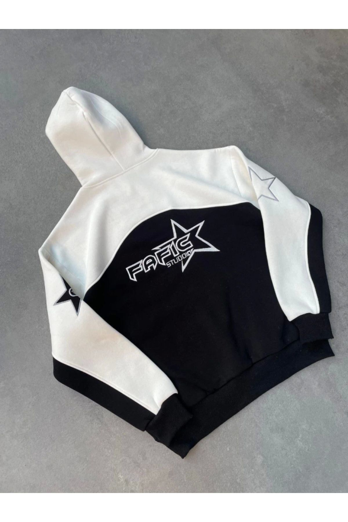Şair Parçalı Nakış İşlemelı Kapşonlu SweatShirt - Beyaz