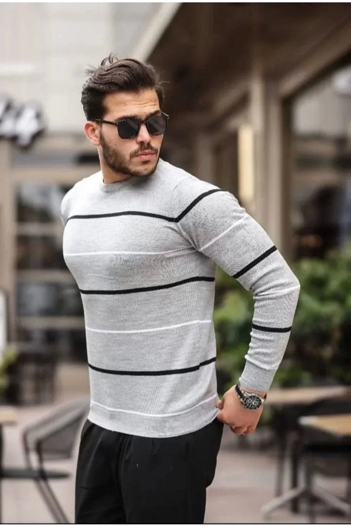 Şair Unisex İnce Çizgili Bisiklet Yaka Triko Kazak - Gri