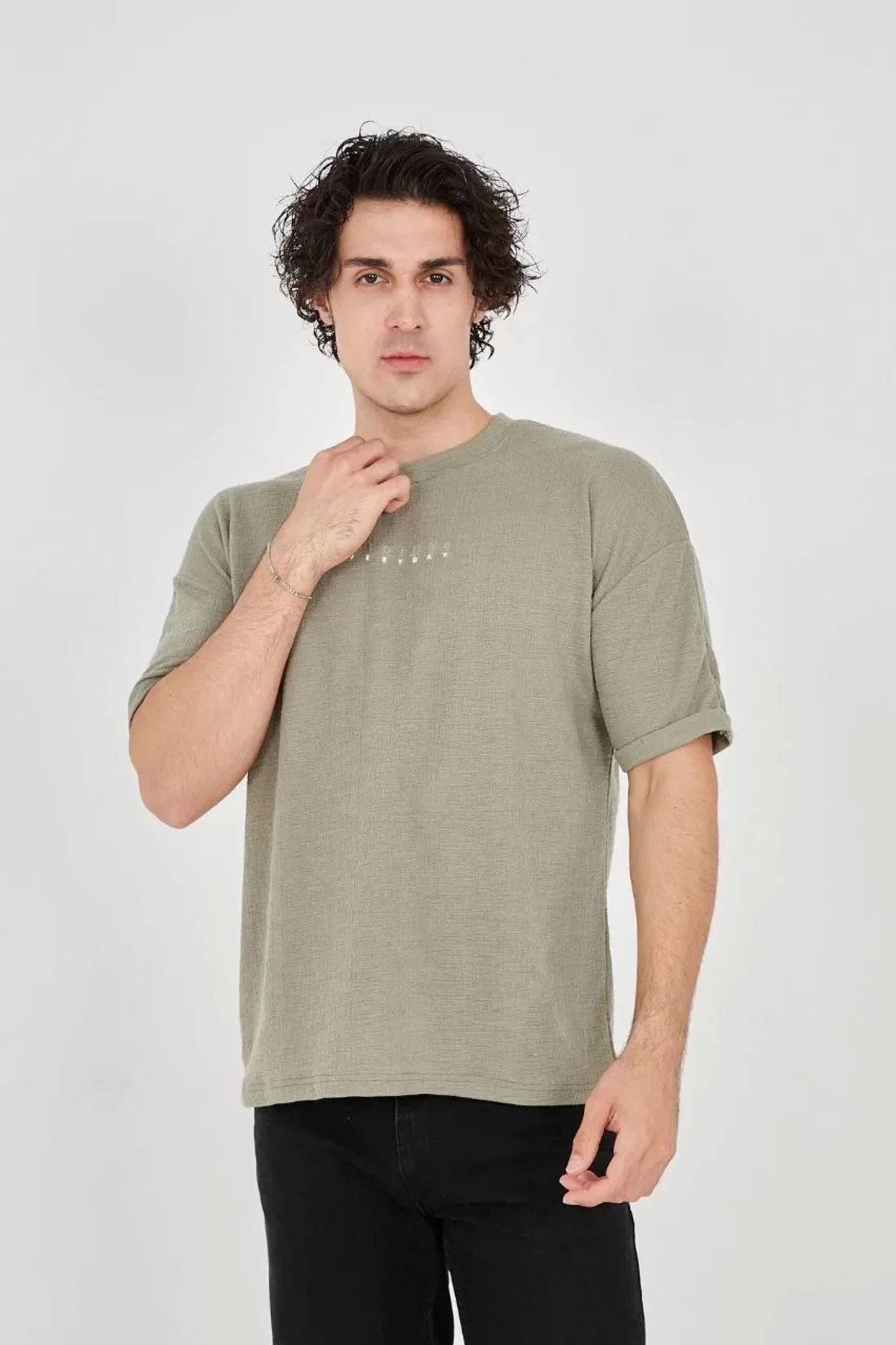 Şair Unisex Jakar Kumaş Rahat Kol T-Shirt - Açık Yeşil