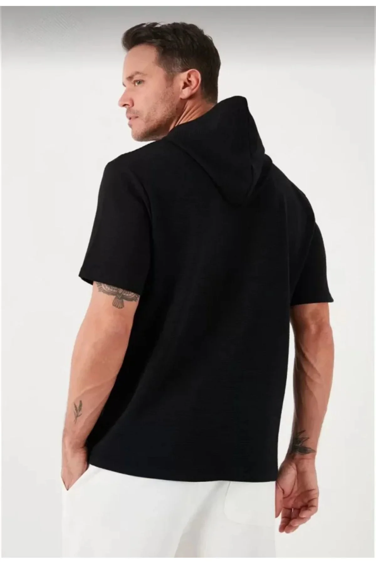 Şair Unisex Kapşonlu Kısa Kol Düz Oversize T-shirt - Siyah