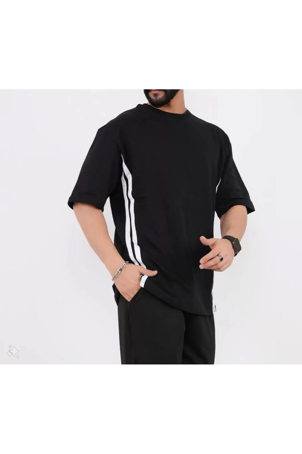Şair Unisex Oversize Yanları Şeritli T-Shirt - Siyah
