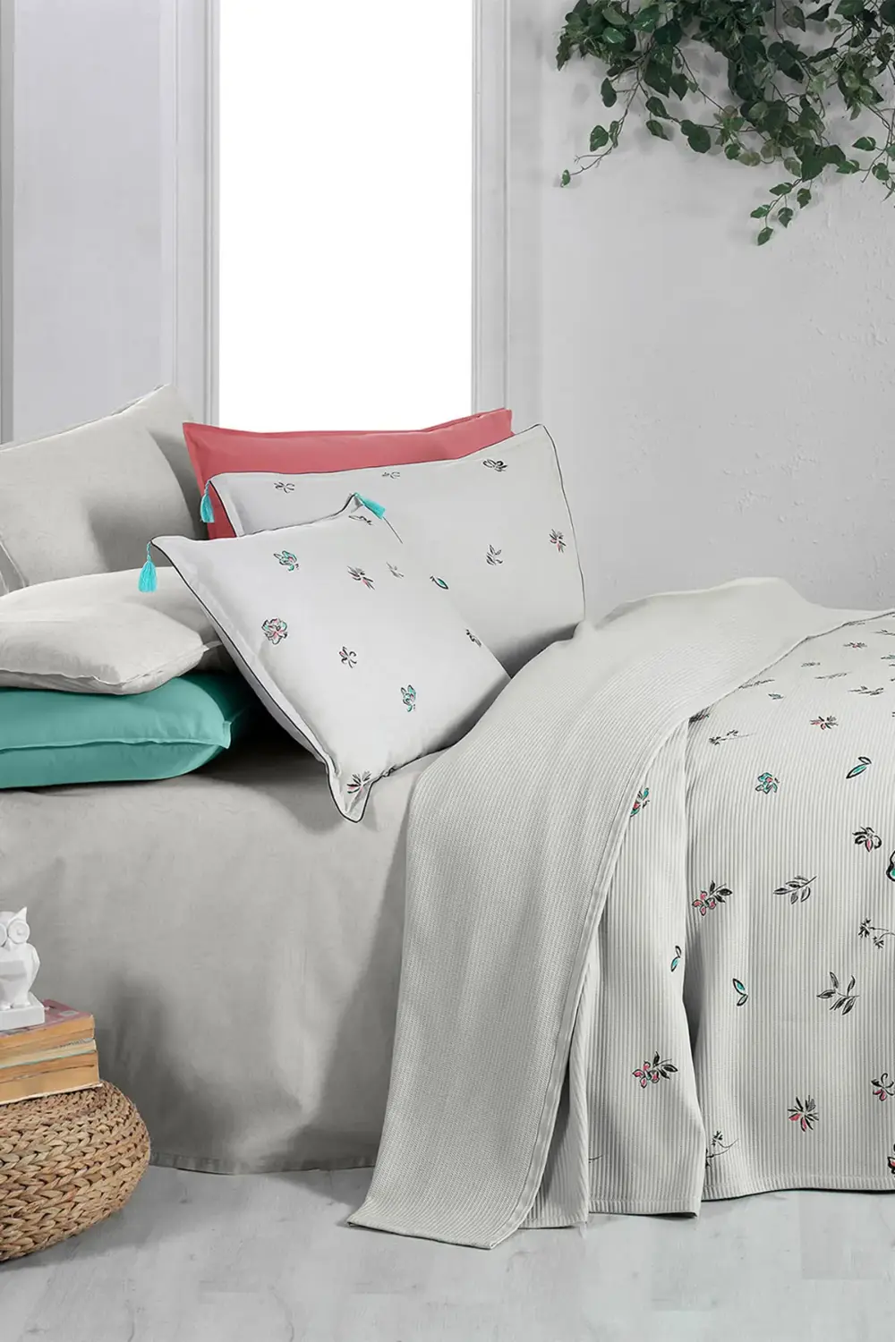 Saira Gri Çift Kişilik %100 Pamuk Pike Takımı