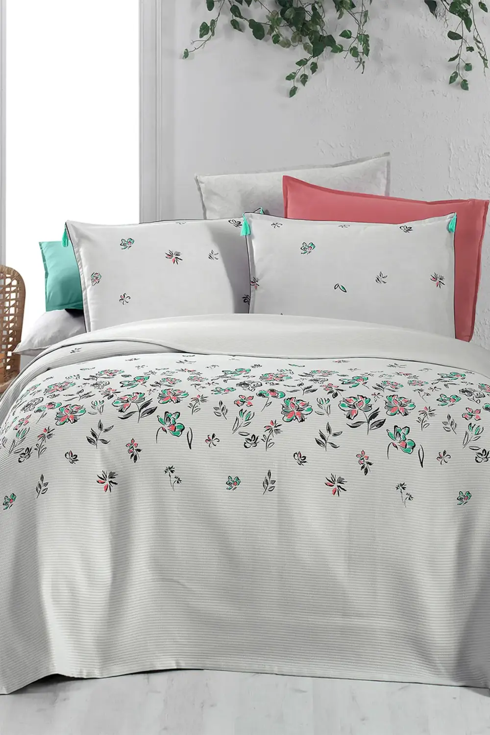 Saira Gri Çift Kişilik %100 Pamuk Pike Takımı