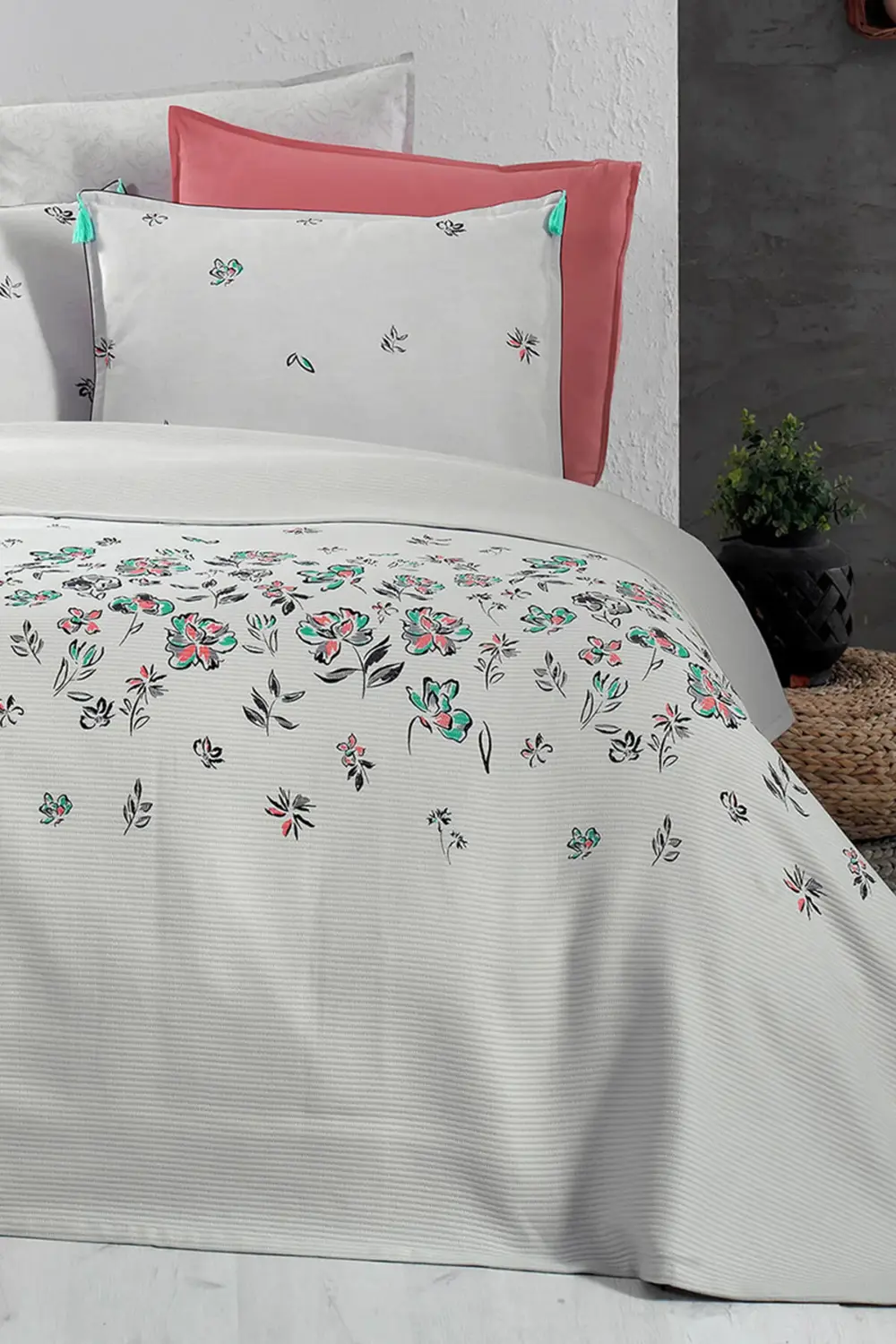 Saira Gri Çift Kişilik %100 Pamuk Pike Takımı