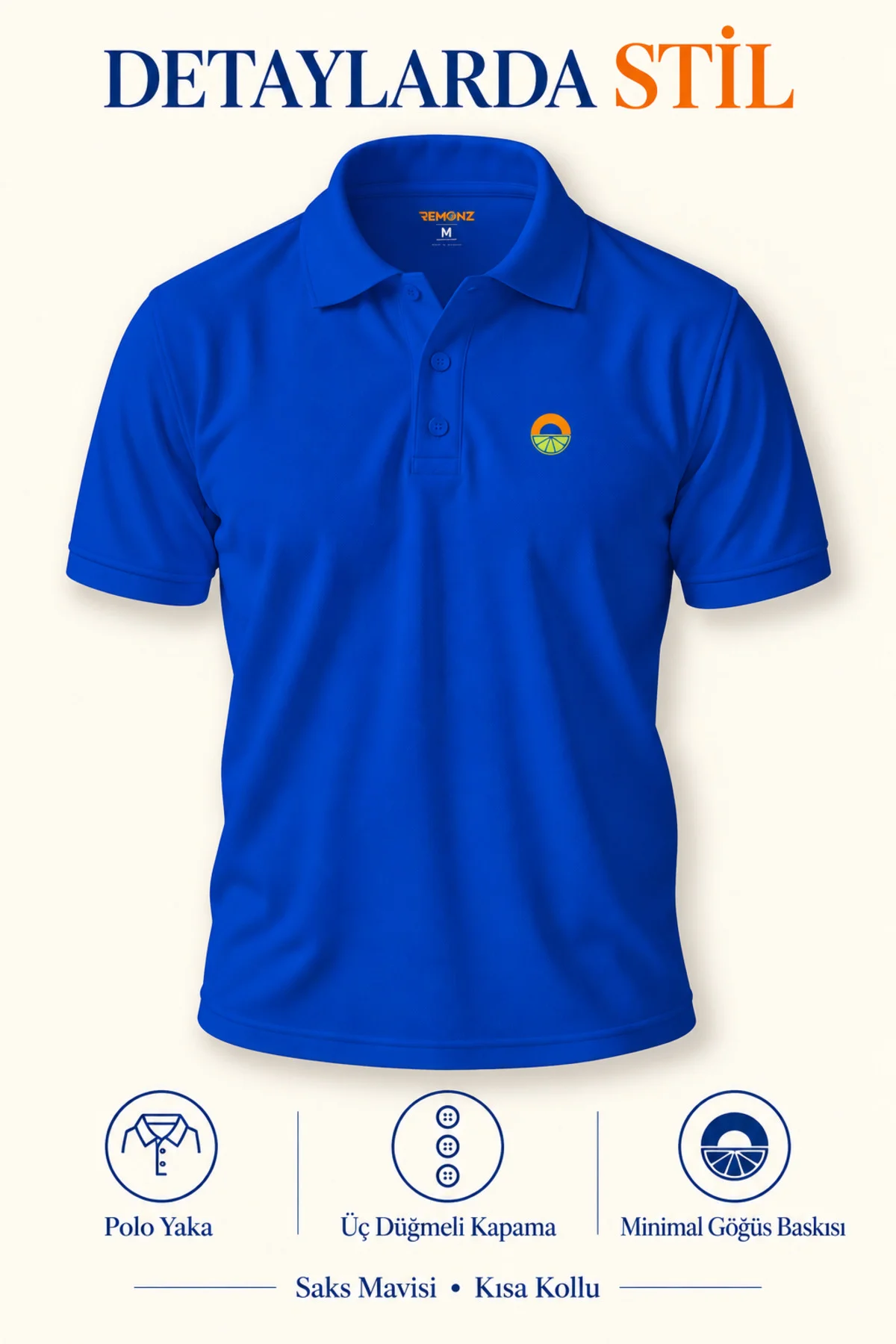 Saks Mavi Minimalist Logolu Polo Yaka Kısa Kollu Tişört