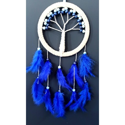 Saks Mavisi Kuş Tüylü Hayat Ağacı Düş Kapanı Dream Catcher Duvar 