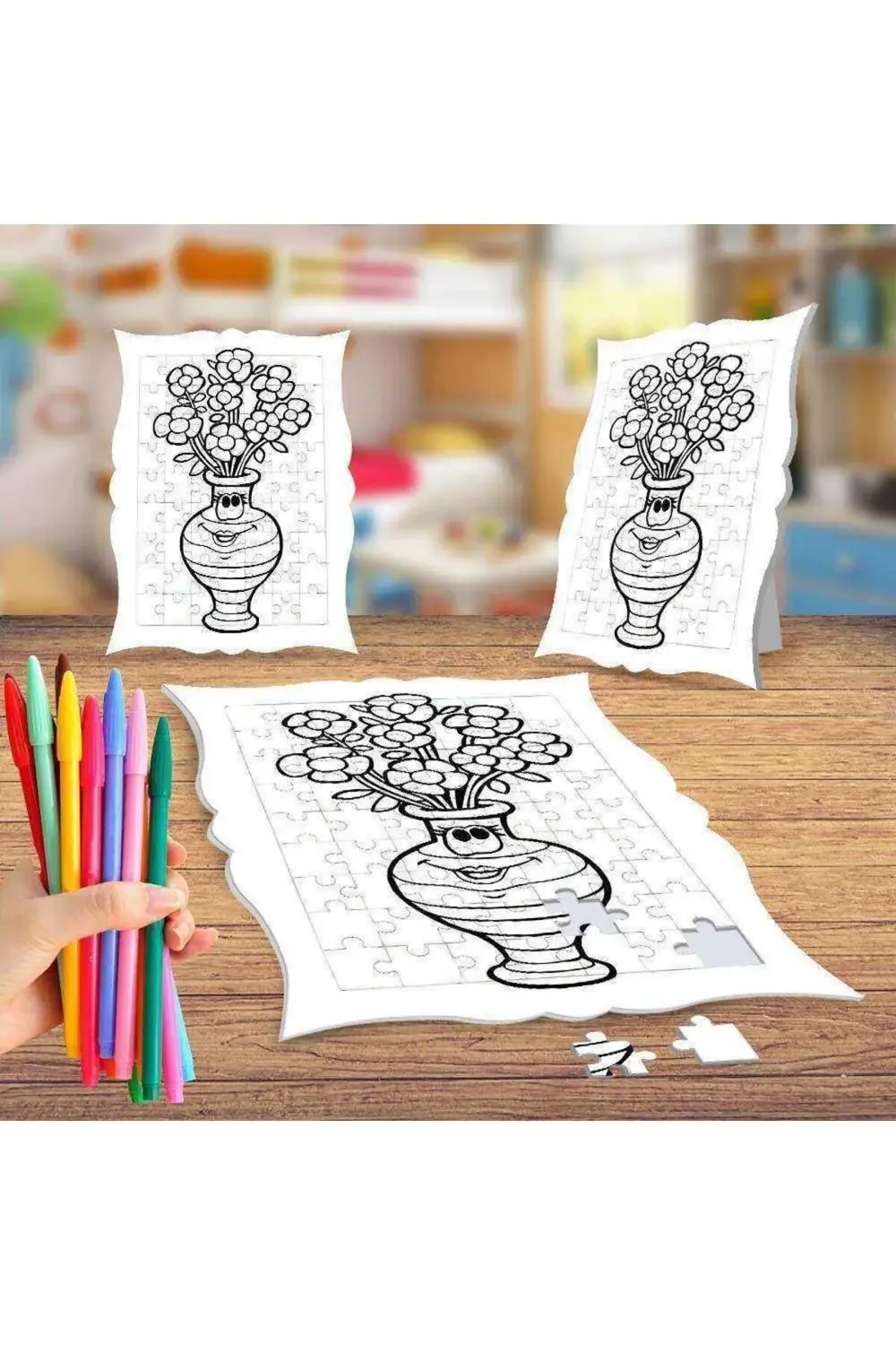 Saksıda Neşeli Çiçekler Boyama Puzzle Tablo Çocuk Eğitici Yapboz