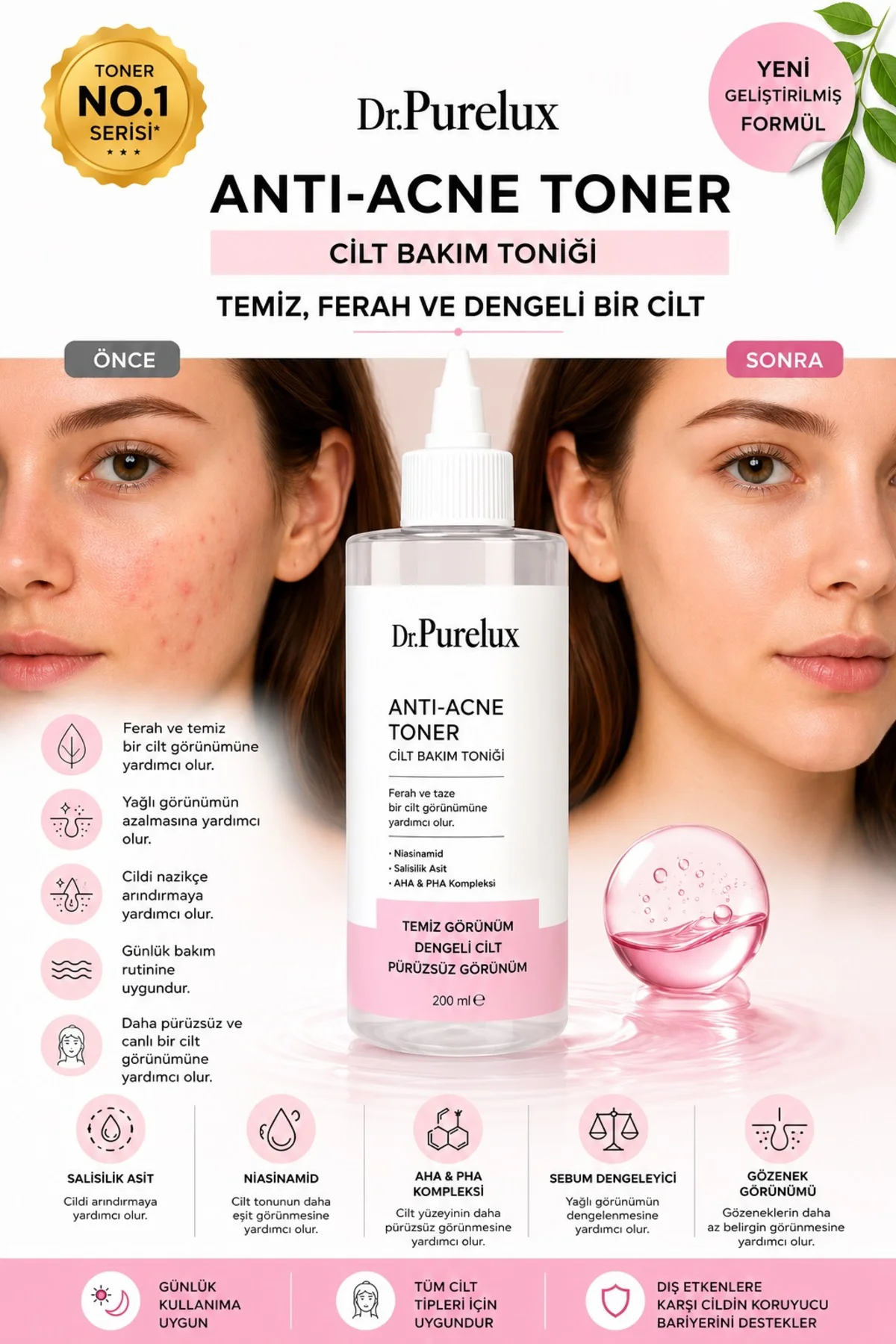 Salisilik Asitli Akne Karşıtı Tonik 200 ML | Niasinamid & AHA PHA
