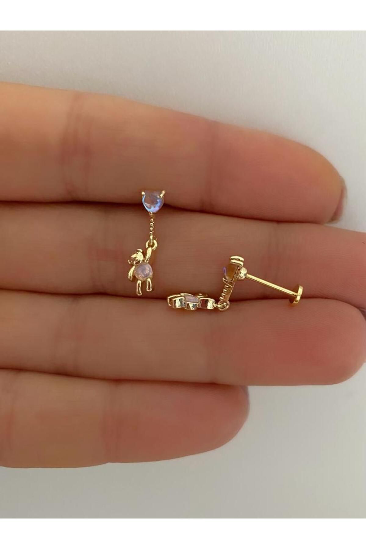 sallanan ayıcık arkası düz önden takmalı helix kıkırdak tragus lobe uyumlu piercing küpe