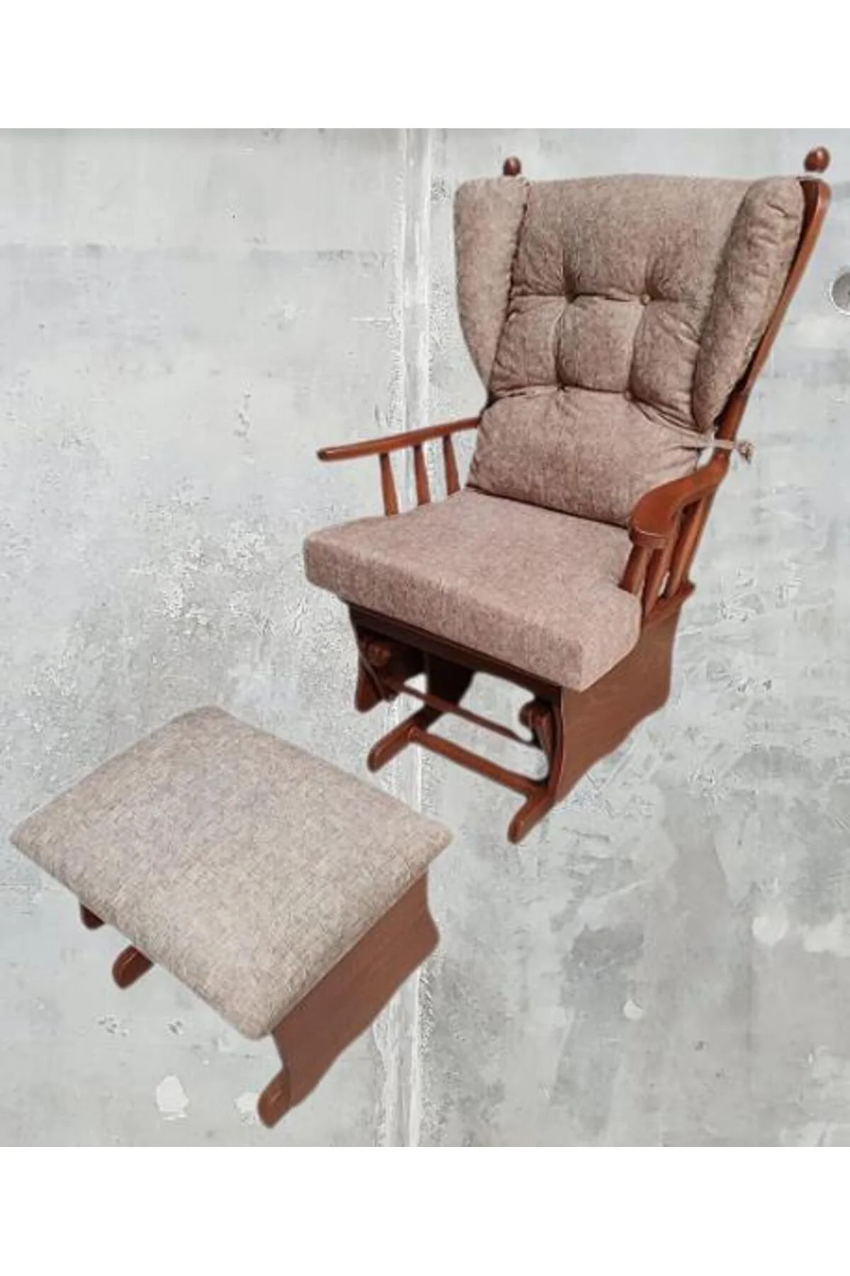 Sallanır Sandalye 90387Model Ayaklık Minder Kayın Ceviz Renk Nubuk Kumaş ElYapım Sallanır Sandalye 90387Model Ayaklık Minder Kayın Ceviz Renk Nubuk Kumaş ElYapım - Görsel 4