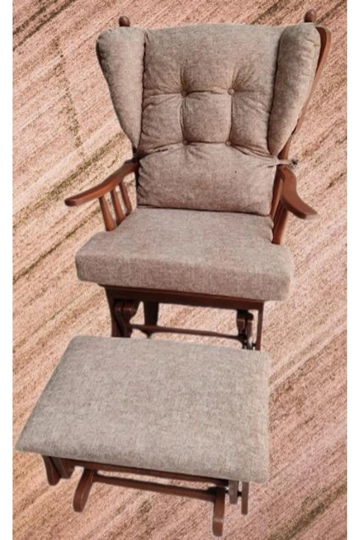 Sallanır Sandalye 90387Model Ayaklık Minder Kayın Ceviz Renk Nubuk Kumaş ElYapım Sallanır Sandalye 90387Model Ayaklık Minder Kayın Ceviz Renk Nubuk Kumaş ElYapım - Görsel 3