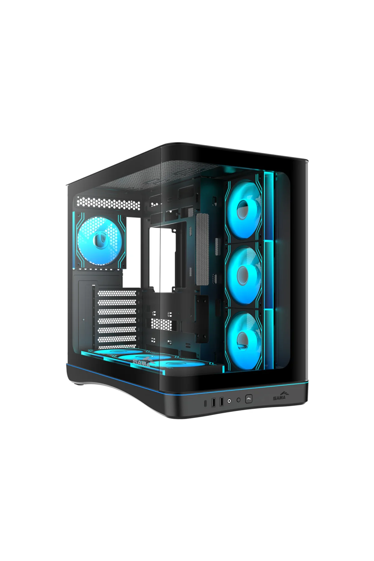 SAMA V62BK Black, B850BK 850W, 80+ Bronze, PCIE 5.1, ATX3.1, Tempered Glass Panel, Panoramic Tasarım