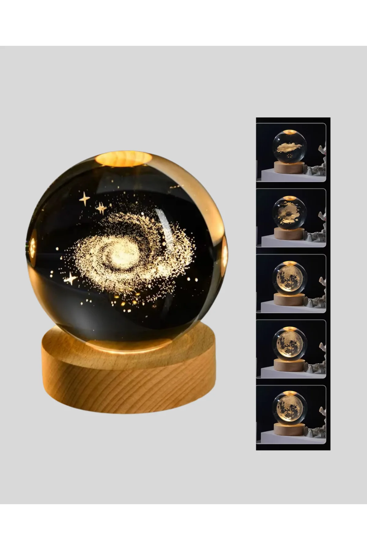 Samanyolu Desenli Kristal Küre Ahşap Standlı Gün Işığı Led Masa Lambası