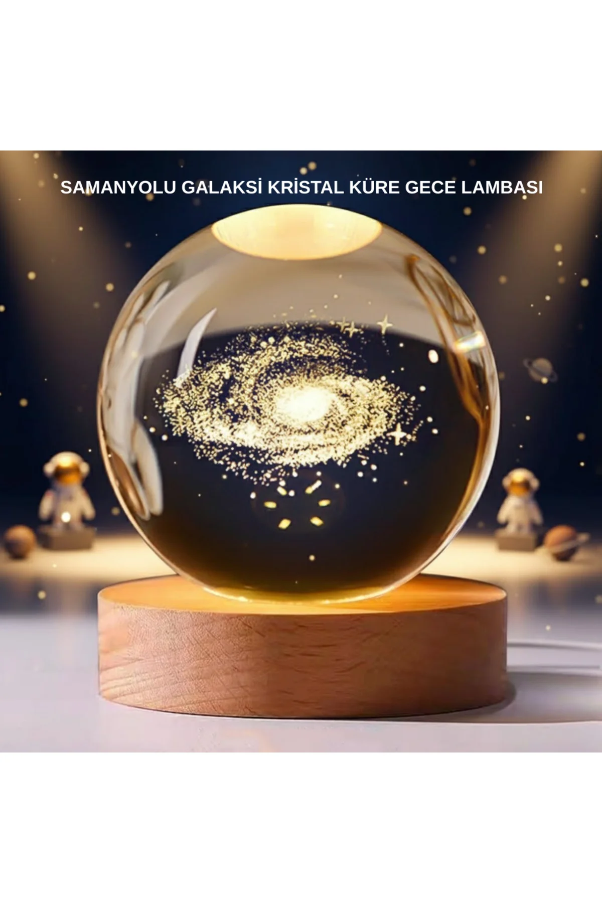 Samanyolu Desenli Kristal Küre Ahşap Standlı Gün Işığı Led Masa Lambası
