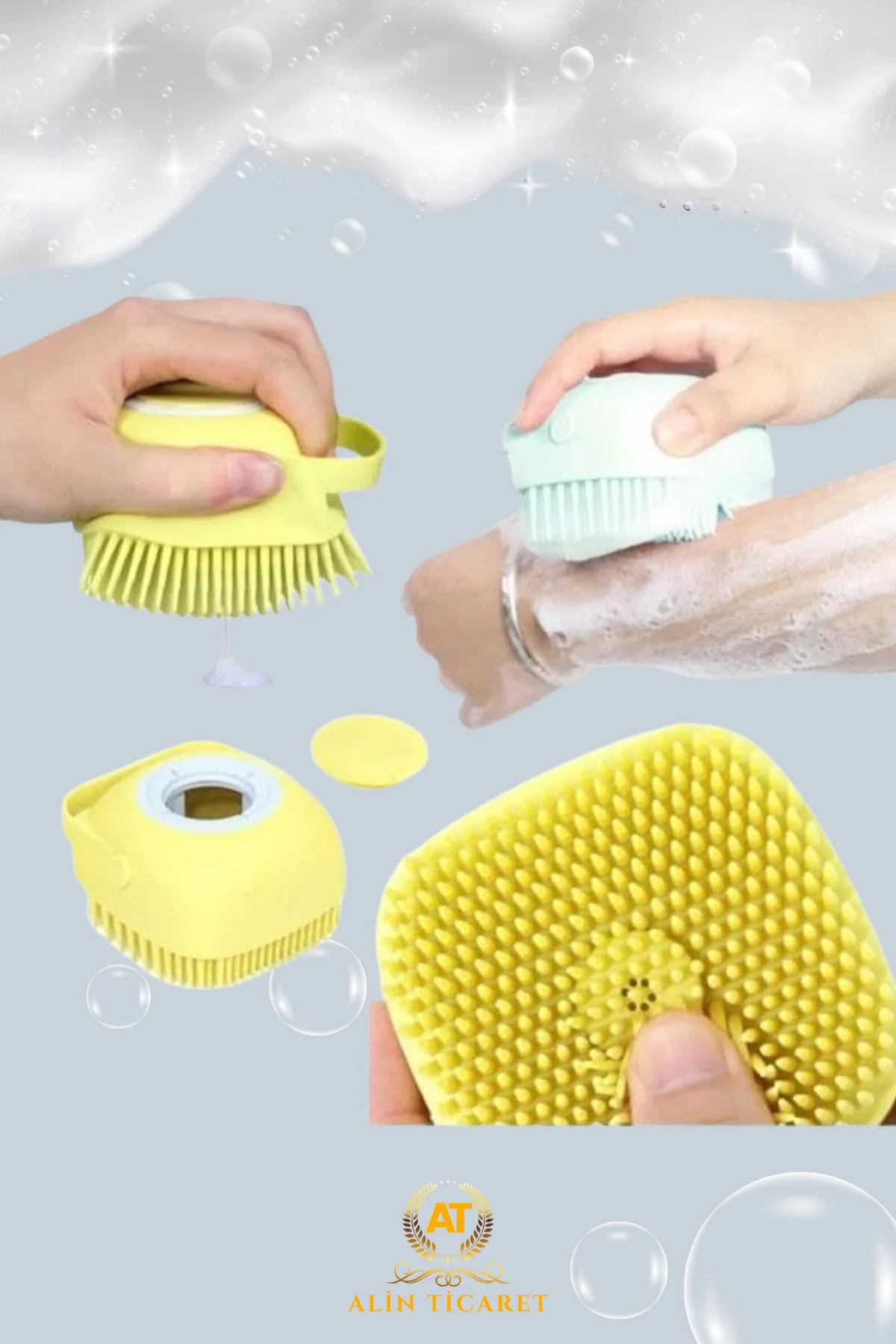 Şampuan Hazneli Silikon Peeling Duş Fırçası Sari