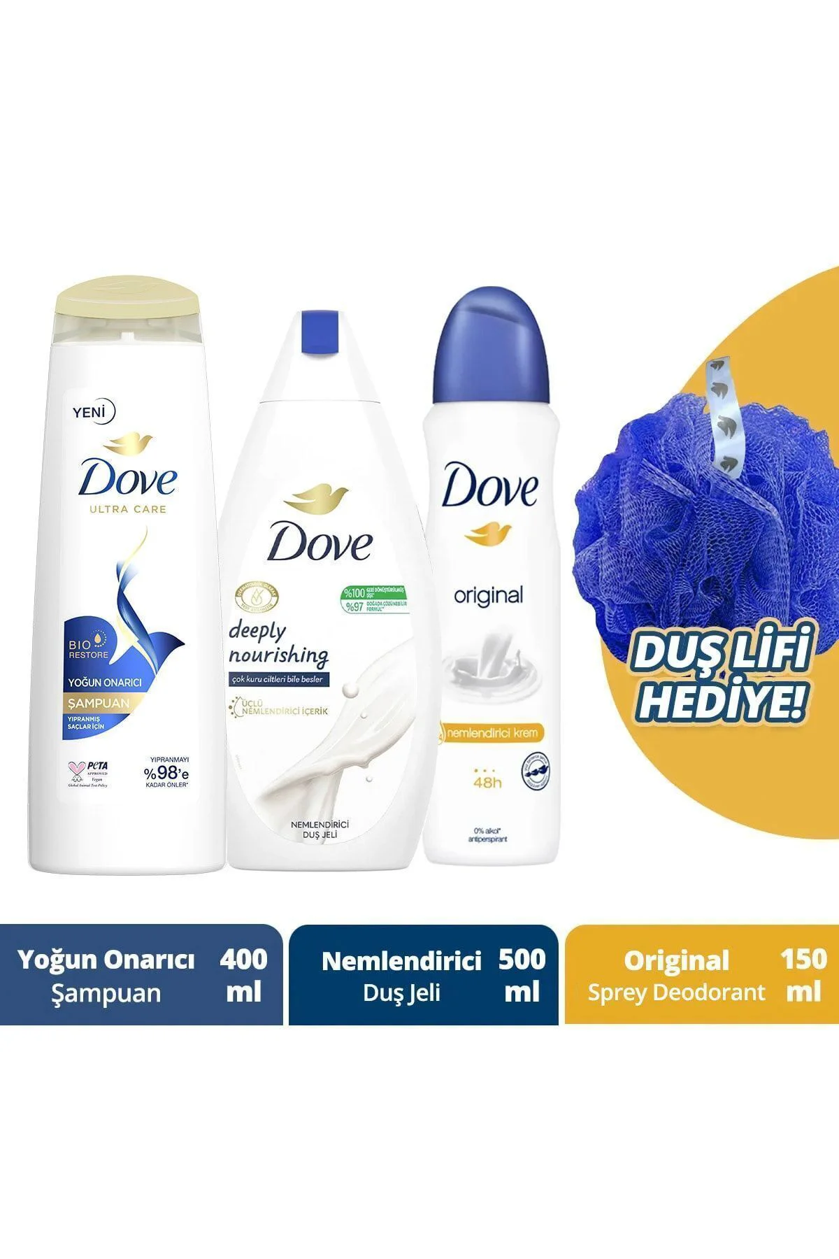 Şampuan Yoğun Onarıcı 400 Ml + Nemlendirici Duş Jeli 500 Ml + Kadın Sprey Deodorant 150 Ml Şampuan Yoğun Onarıcı 400 Ml + Nemlendirici Duş Jeli 500 Ml + Kadın Sprey Deodorant 150 Ml