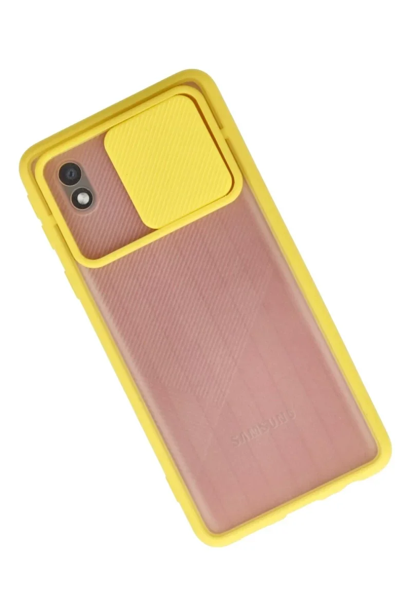 Samsung Galaxy A01 Core Kılıf Palm Buzlu Kamera Sürgülü Silikon - Sarı Samsung Galaxy A01 Core Kılıf Palm Buzlu Kamera Sürgülü Silikon - Sarı