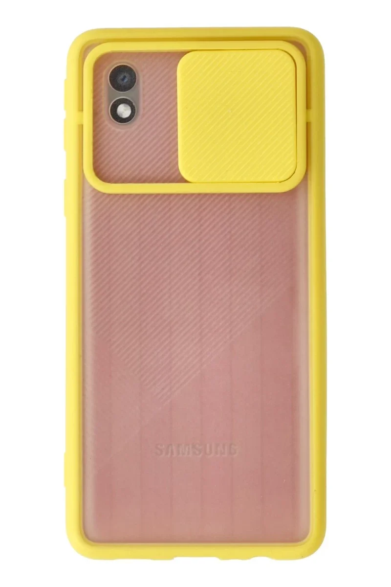 Samsung Galaxy A01 Core Kılıf Palm Buzlu Kamera Sürgülü Silikon - Sarı Samsung Galaxy A01 Core Kılıf Palm Buzlu Kamera Sürgülü Silikon - Sarı
