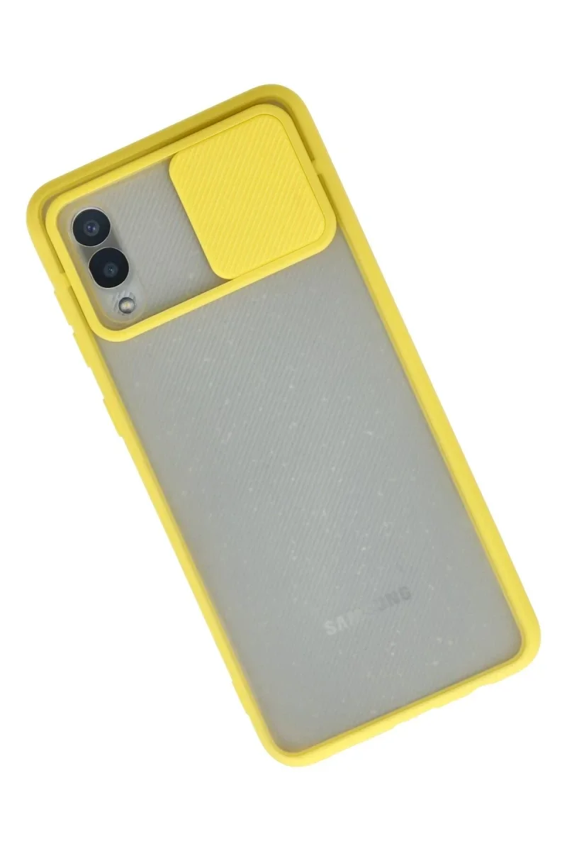Samsung Galaxy A02 Kılıf Palm Buzlu Kamera Sürgülü Silikon - Sarı Samsung Galaxy A02 Kılıf Palm Buzlu Kamera Sürgülü Silikon - Sarı