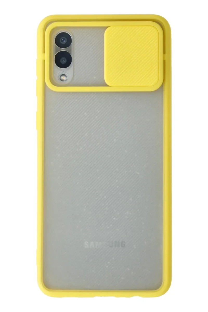 Samsung Galaxy A02 Kılıf Palm Buzlu Kamera Sürgülü Silikon - Sarı Samsung Galaxy A02 Kılıf Palm Buzlu Kamera Sürgülü Silikon - Sarı