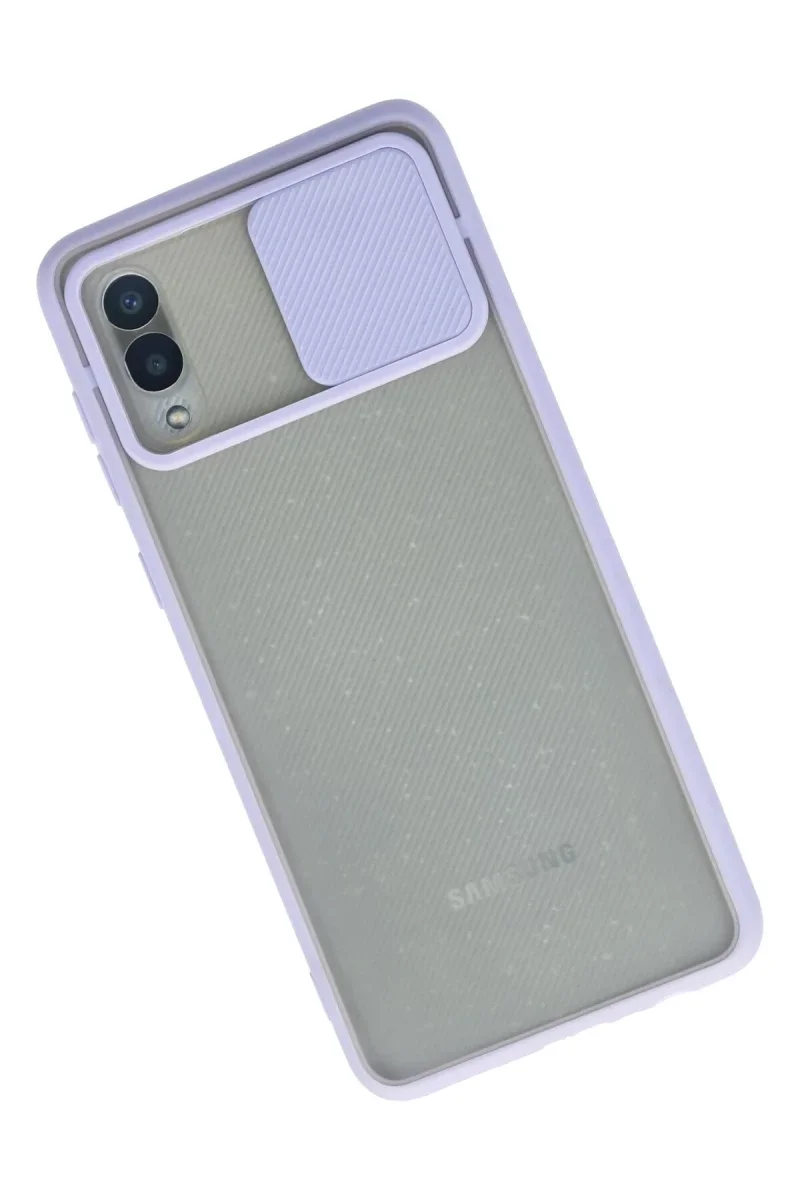 Samsung Galaxy A02 Kılıf Palm Buzlu Kamera Sürgülü Silikon - Lila Samsung Galaxy A02 Kılıf Palm Buzlu Kamera Sürgülü Silikon - Lila