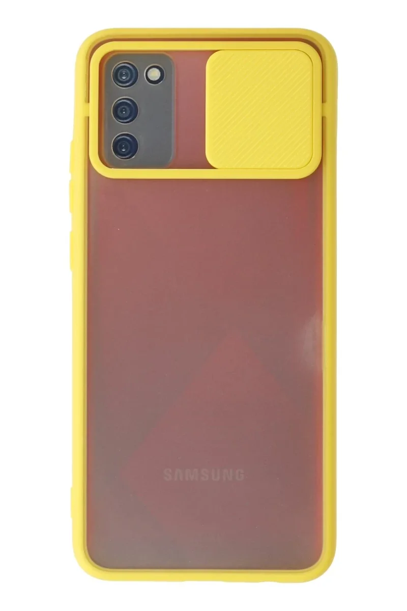 Samsung Galaxy A02S Kılıf Palm Buzlu Kamera Sürgülü Silikon - Sarı Samsung Galaxy A02S Kılıf Palm Buzlu Kamera Sürgülü Silikon - Sarı