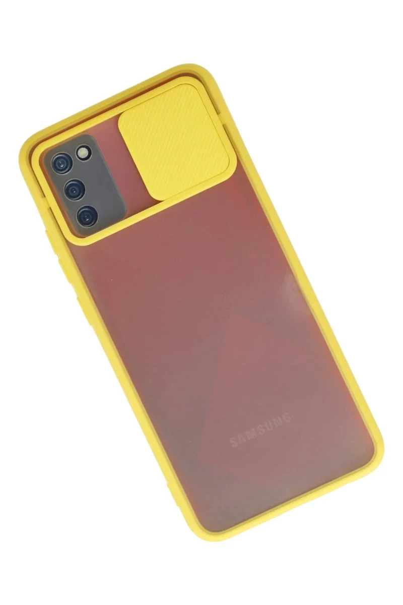 Samsung Galaxy A02S Kılıf Palm Buzlu Kamera Sürgülü Silikon - Sarı Samsung Galaxy A02S Kılıf Palm Buzlu Kamera Sürgülü Silikon - Sarı