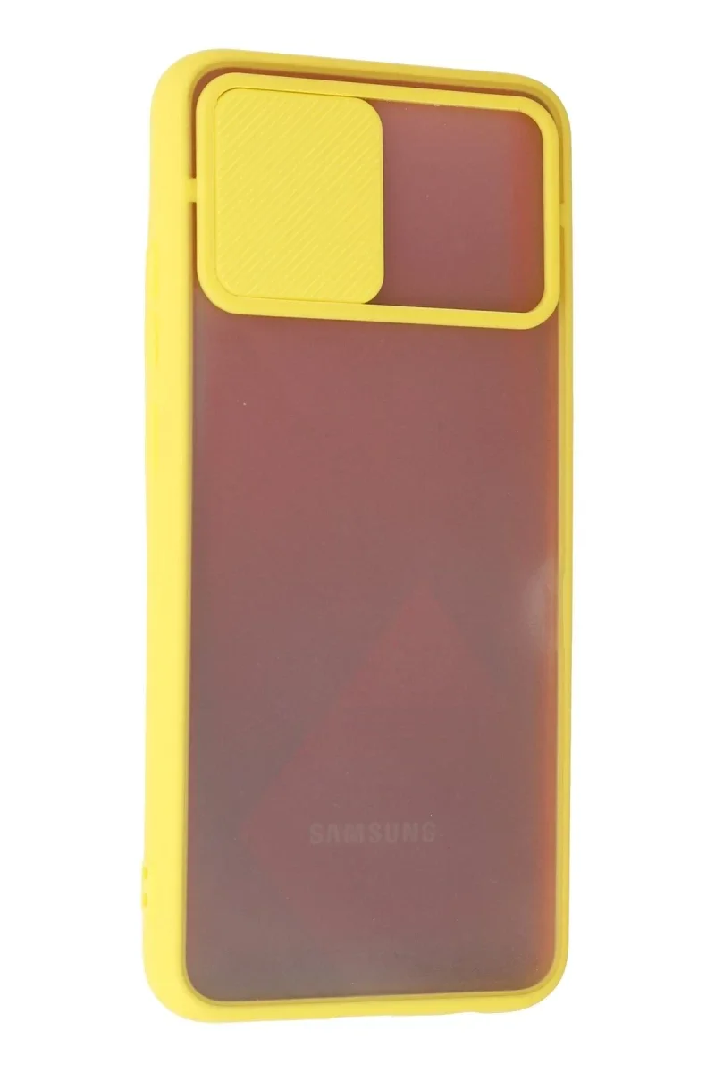 Samsung Galaxy A02S Kılıf Palm Buzlu Kamera Sürgülü Silikon - Sarı Samsung Galaxy A02S Kılıf Palm Buzlu Kamera Sürgülü Silikon - Sarı