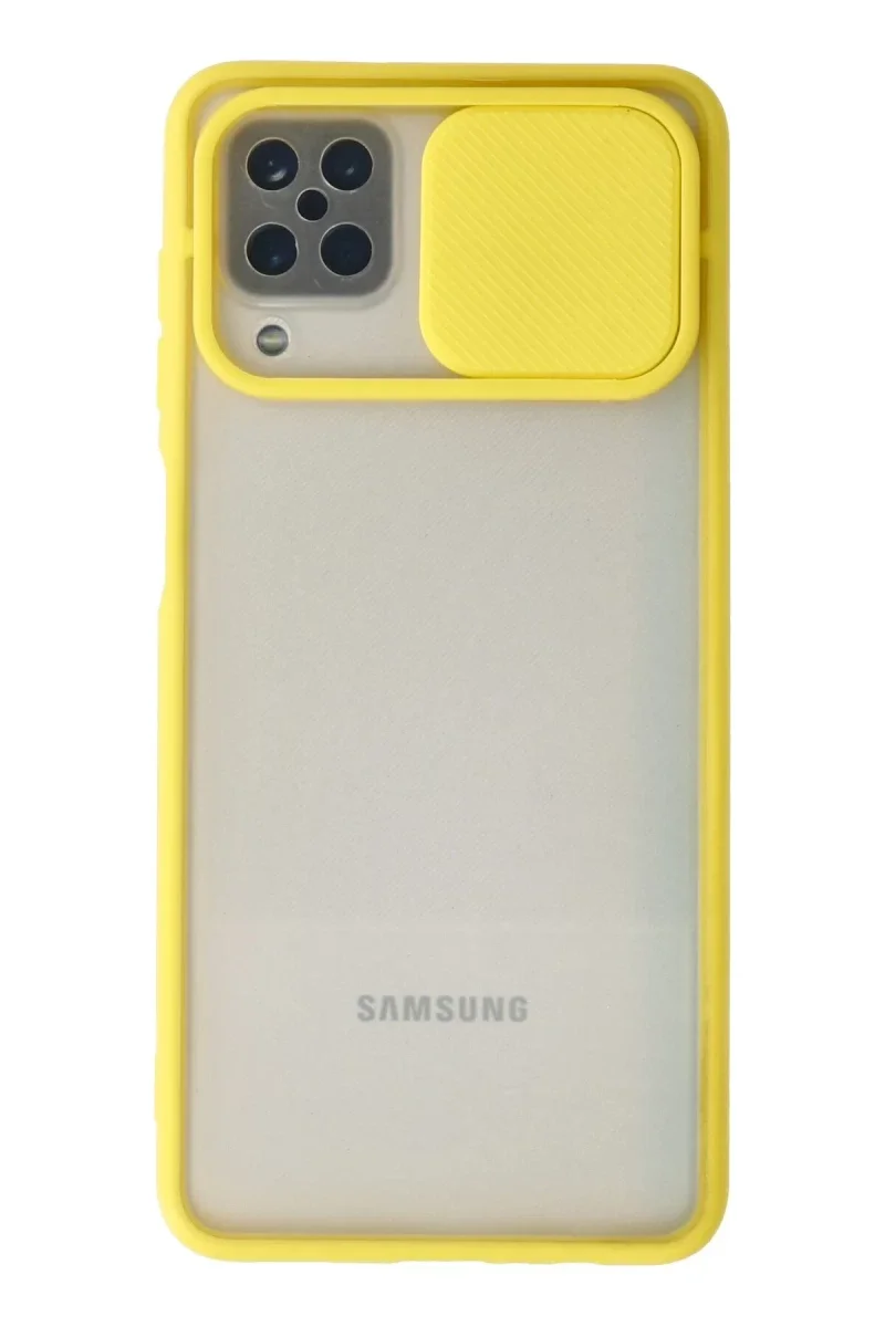 Samsung Galaxy A12 Kılıf Palm Buzlu Kamera Sürgülü Silikon - Sarı