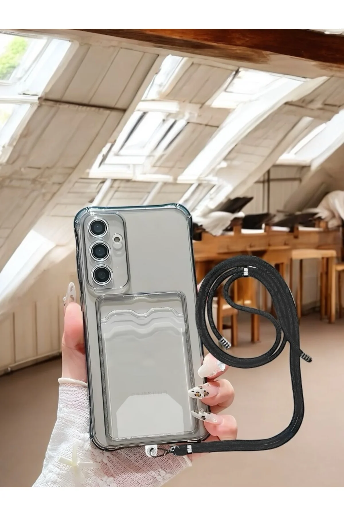 Samsung Galaxy A26 Kartlıklı Askı+Aparatlı Antişok Kılıf Siyah