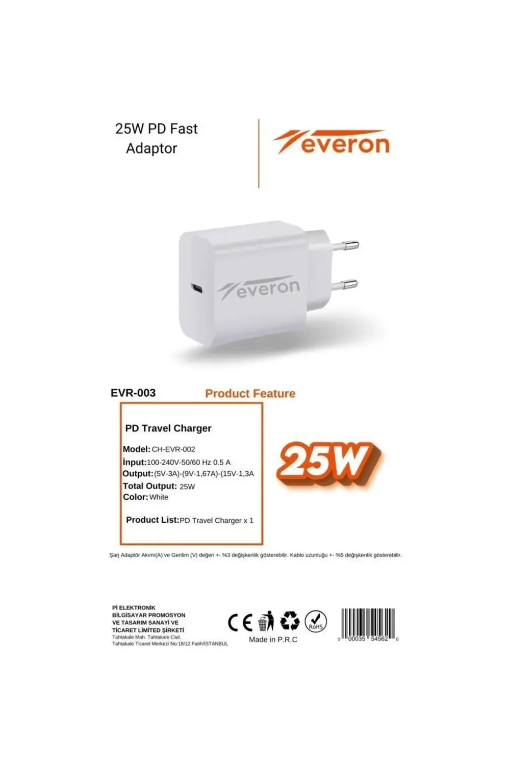 Everon Samsung Galaxy M44 5G İle Uyumlu 25W Qc 3.4A Type C Şarj Adaptörü