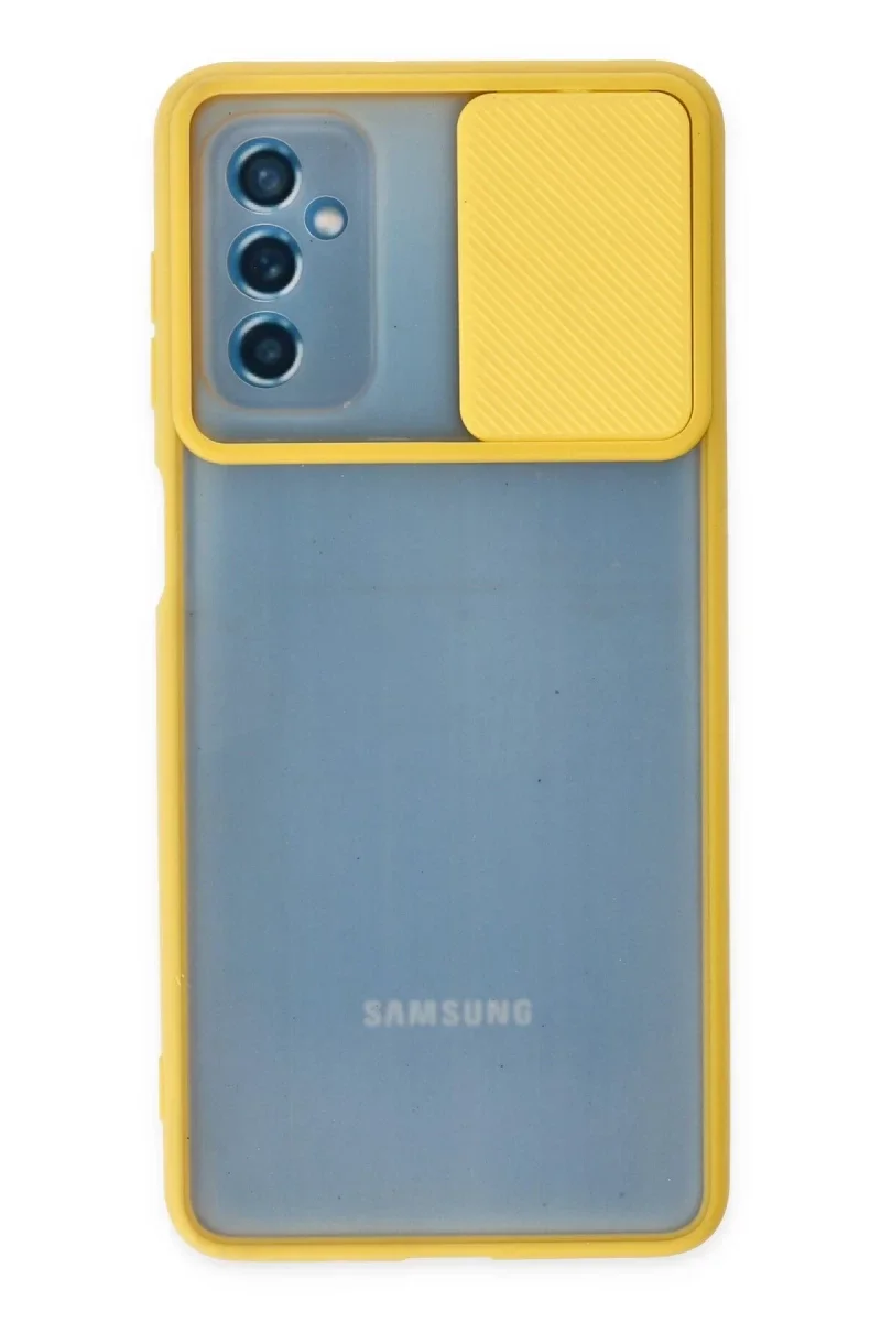Samsung Galaxy M52 5G Kılıf Palm Buzlu Kamera Sürgülü Silikon - Sarı Samsung Galaxy M52 5G Kılıf Palm Buzlu Kamera Sürgülü Silikon - Sarı