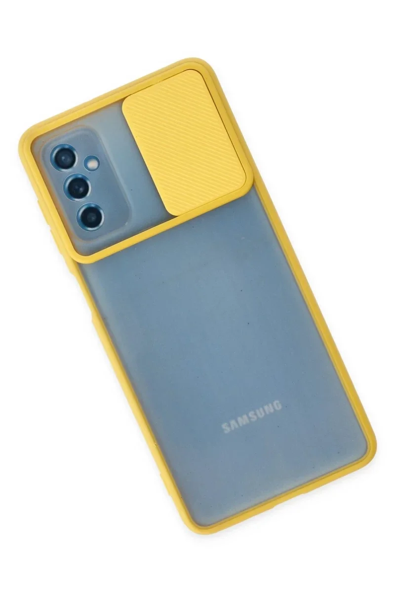 Samsung Galaxy M52 5G Kılıf Palm Buzlu Kamera Sürgülü Silikon - Sarı Samsung Galaxy M52 5G Kılıf Palm Buzlu Kamera Sürgülü Silikon - Sarı