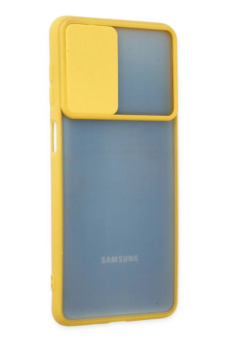 Samsung Galaxy M52 5G Kılıf Palm Buzlu Kamera Sürgülü Silikon - Sarı Samsung Galaxy M52 5G Kılıf Palm Buzlu Kamera Sürgülü Silikon - Sarı