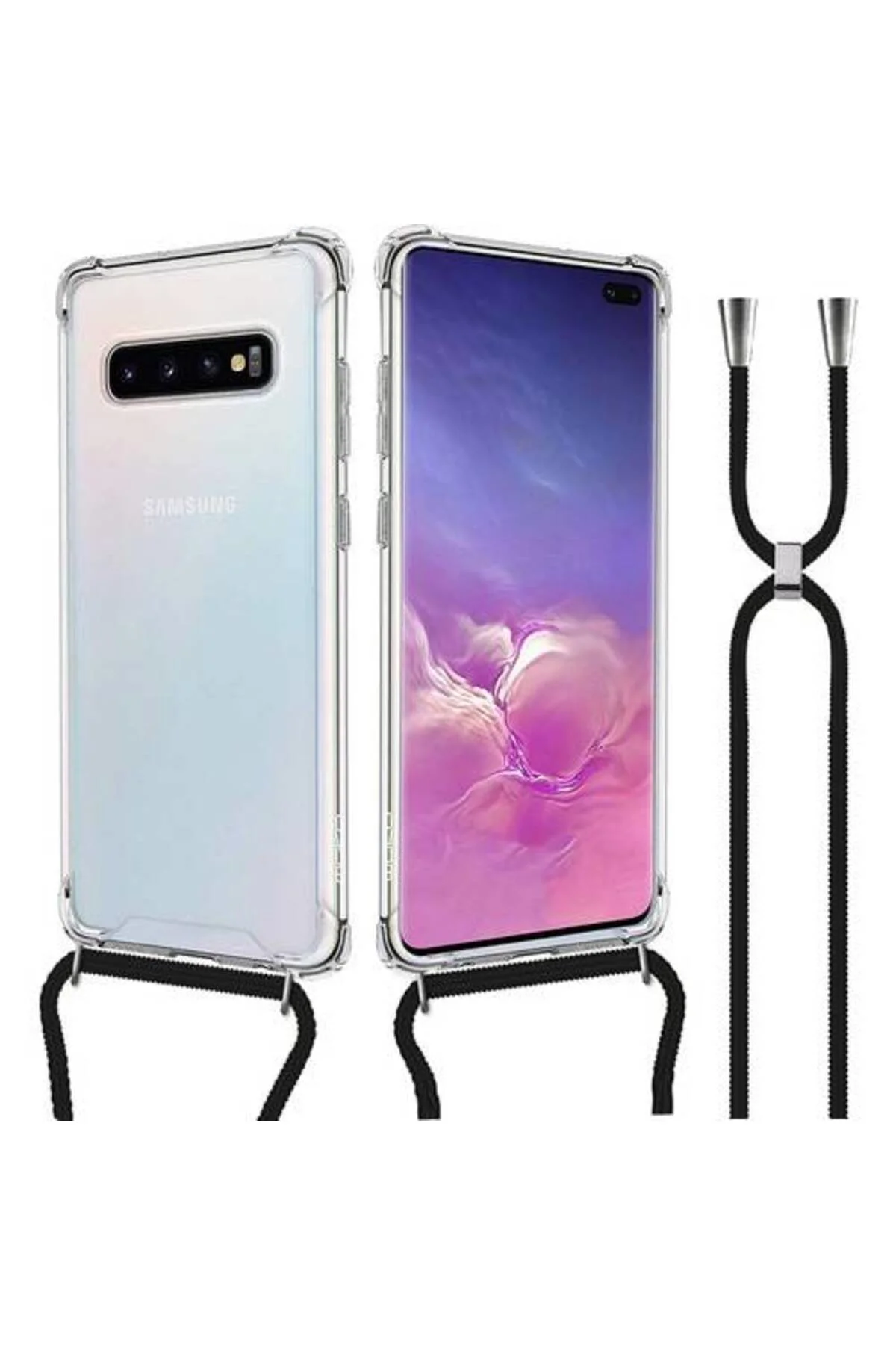Samsung Galaxy S10 Plus Askılı İpli Şeffaf Tank Kılıf Siyah