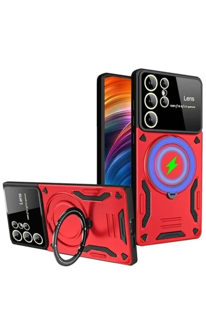 Samsung Galaxy S24 Ultra Kılıf Joy Lens Standlı Kapak - Kırmızı