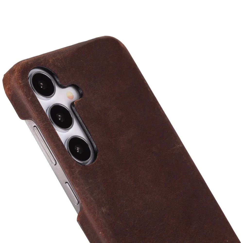Samsung Galaxy S25 Plus Uyumlu, Hakiki Deri, El Yapımı Arka Kapak, Antik Kahve