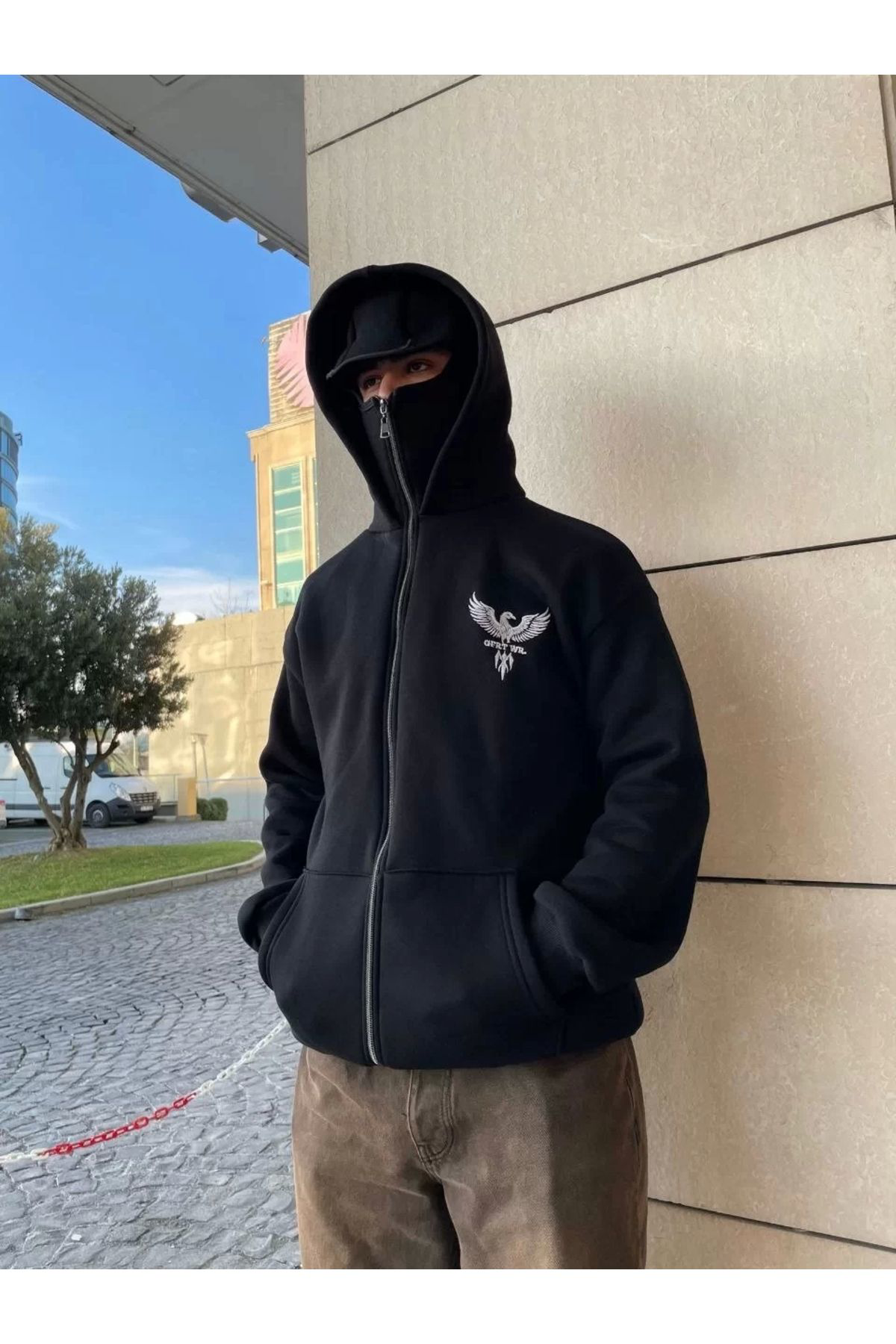Samuray Kapşonlu Zıp Fermuarlı Kapşonlu Sweatshirt - Siyah