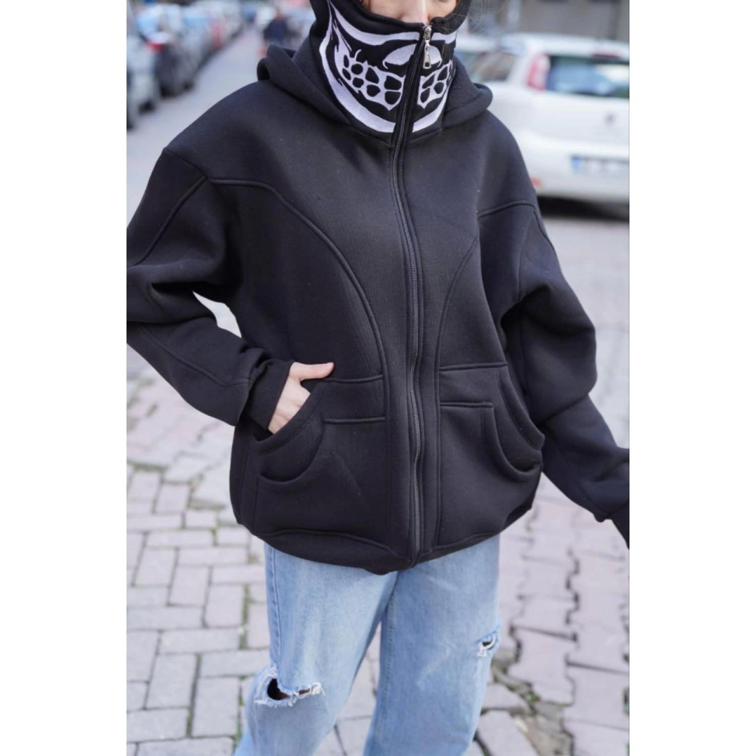 Samuray Kapşonlu ZIP Fermuarlı Çift Kapşonlu Nakışlı SweatShirt- 