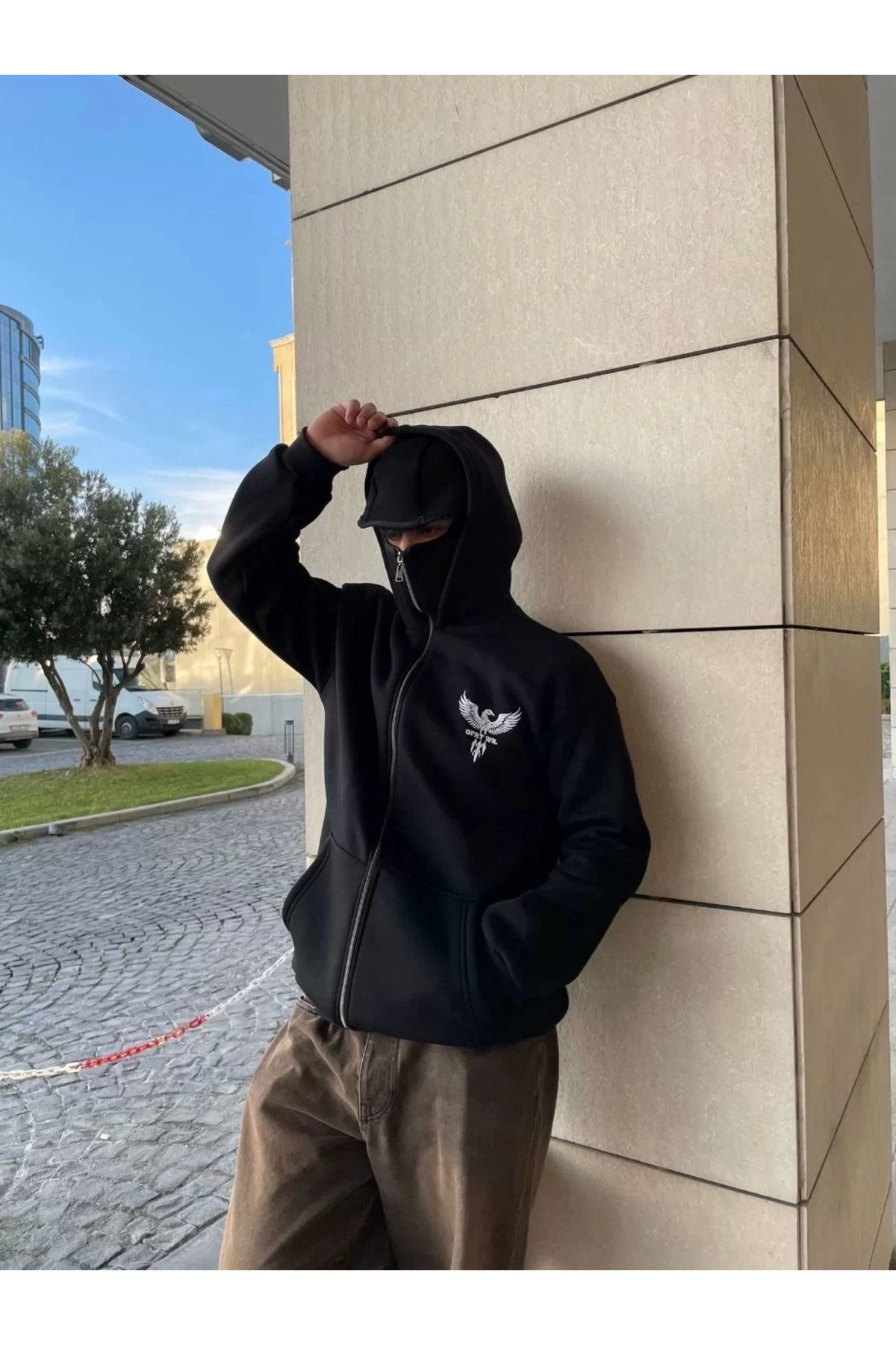 Samuray Kapşonlu Zıp Fermuarlı Kapşonlu Sweatshirt - Siyah