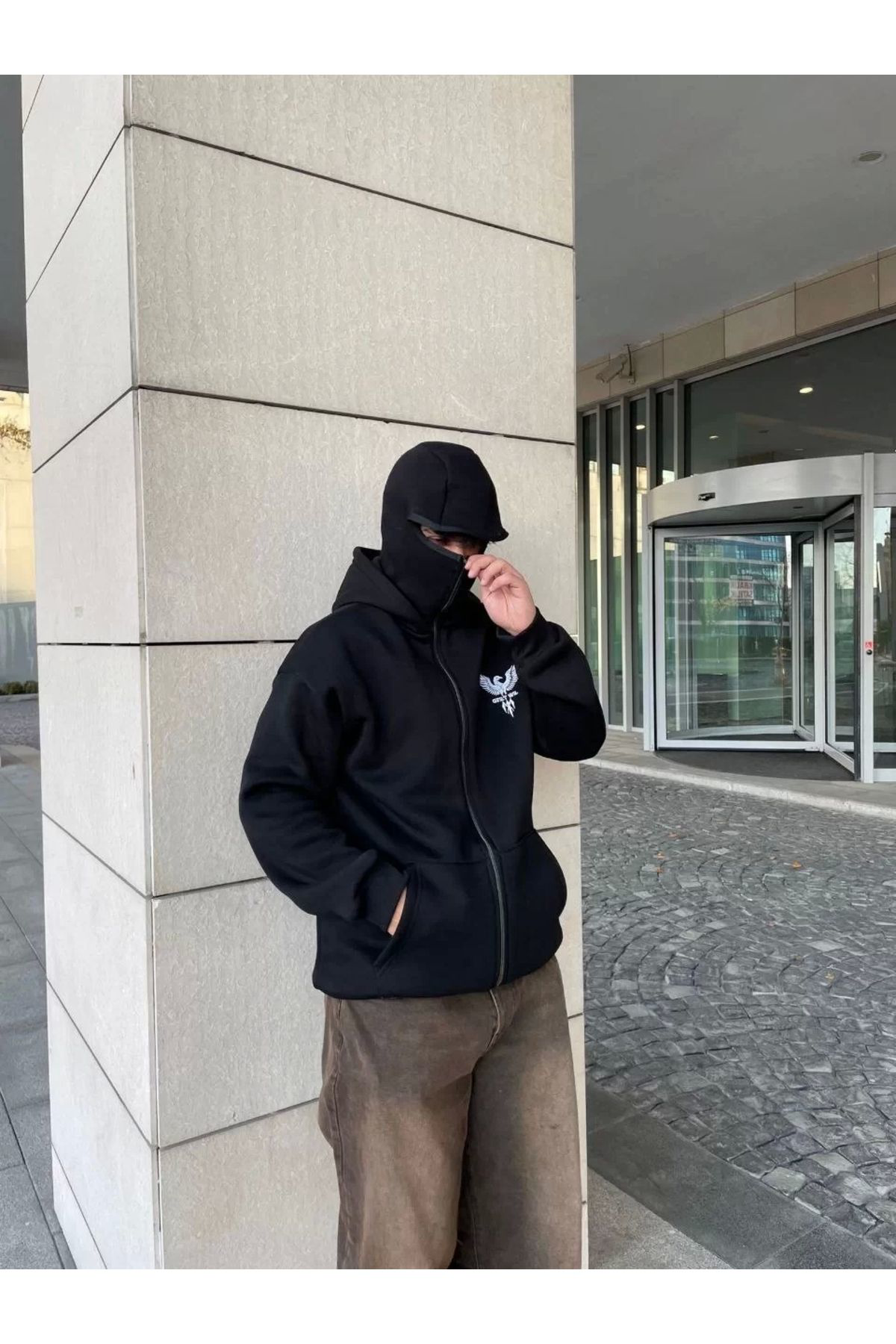 Samuray Kapşonlu Zıp Fermuarlı Kapşonlu Sweatshirt - Siyah