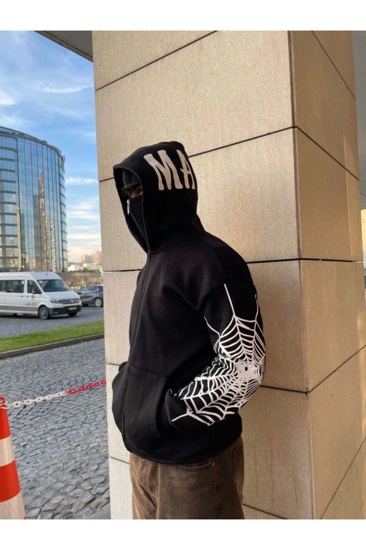 Samuray Kapşonlu ZIP Fermuarlı Kapşonlu SweatShirt - Siyah