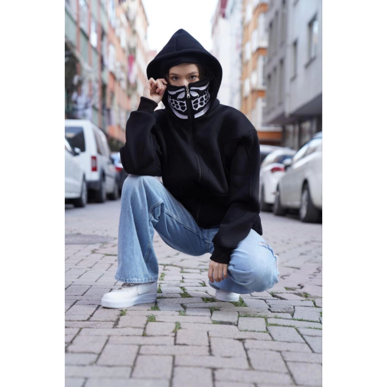 Samuray Kapşonlu ZIP Fermuarlı Çift Kapşonlu Nakışlı SweatShirt- 