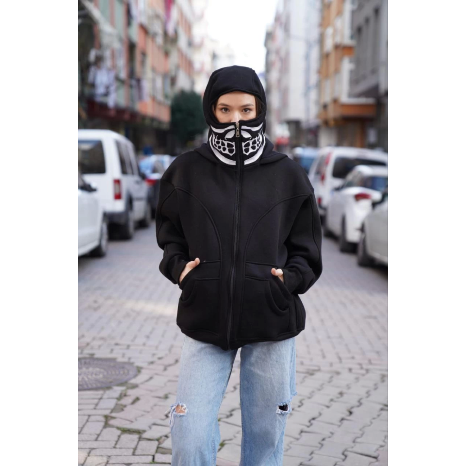 Samuray Kapşonlu ZIP Fermuarlı Çift Kapşonlu Nakışlı SweatShirt- 