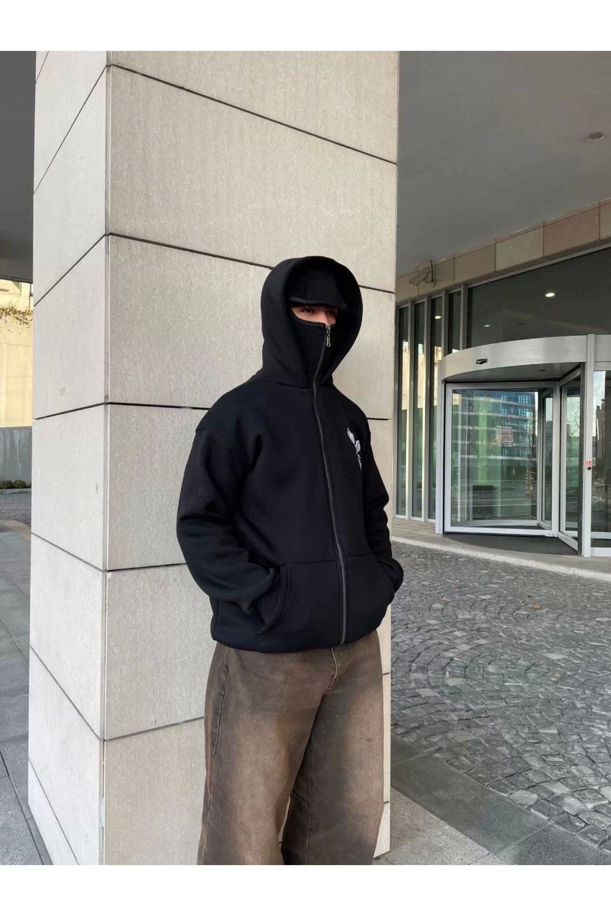 Samuray Kapşonlu Zıp Fermuarlı Kapşonlu Sweatshirt - Siyah
