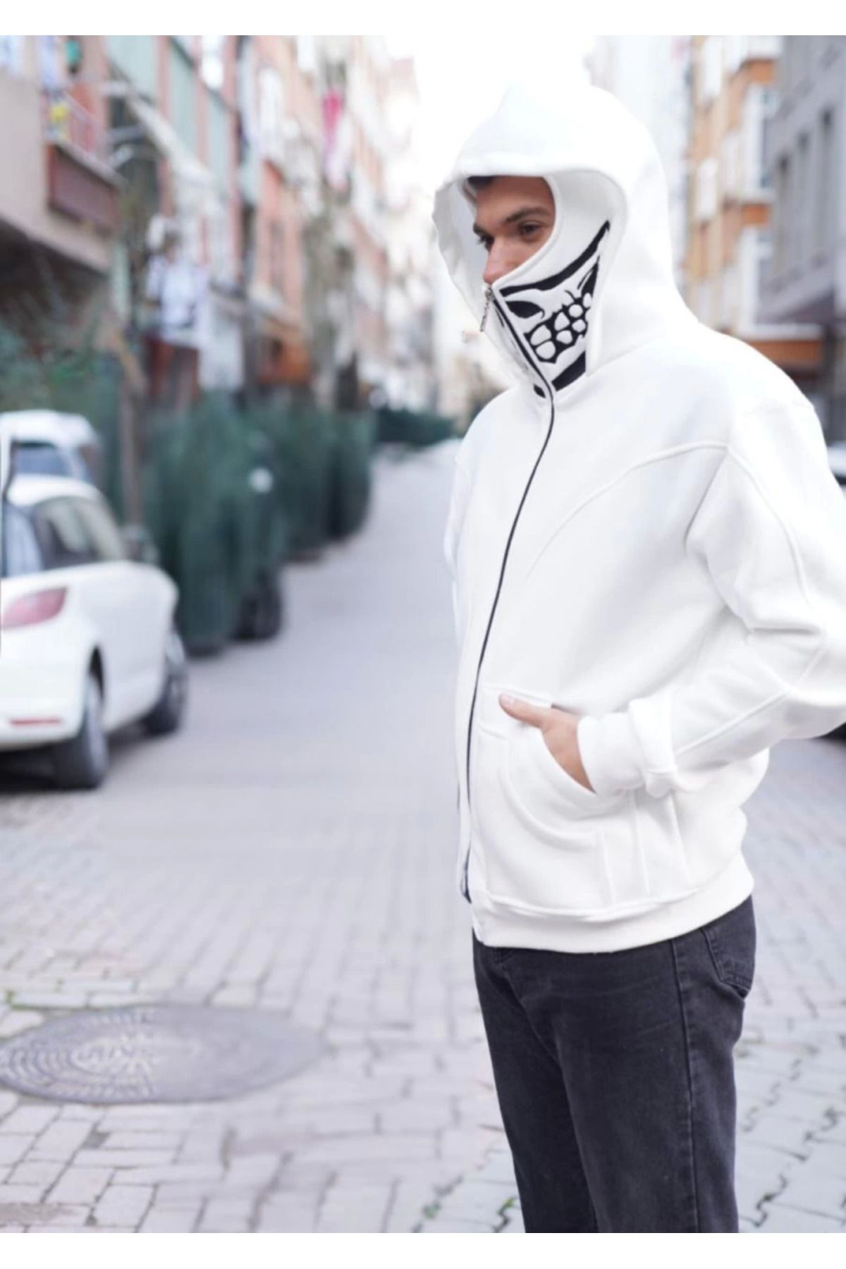 Samuray Kapşonlu ZIP Fermuarlı Çift Kapşonlu Nakışlı SweatShirt- 