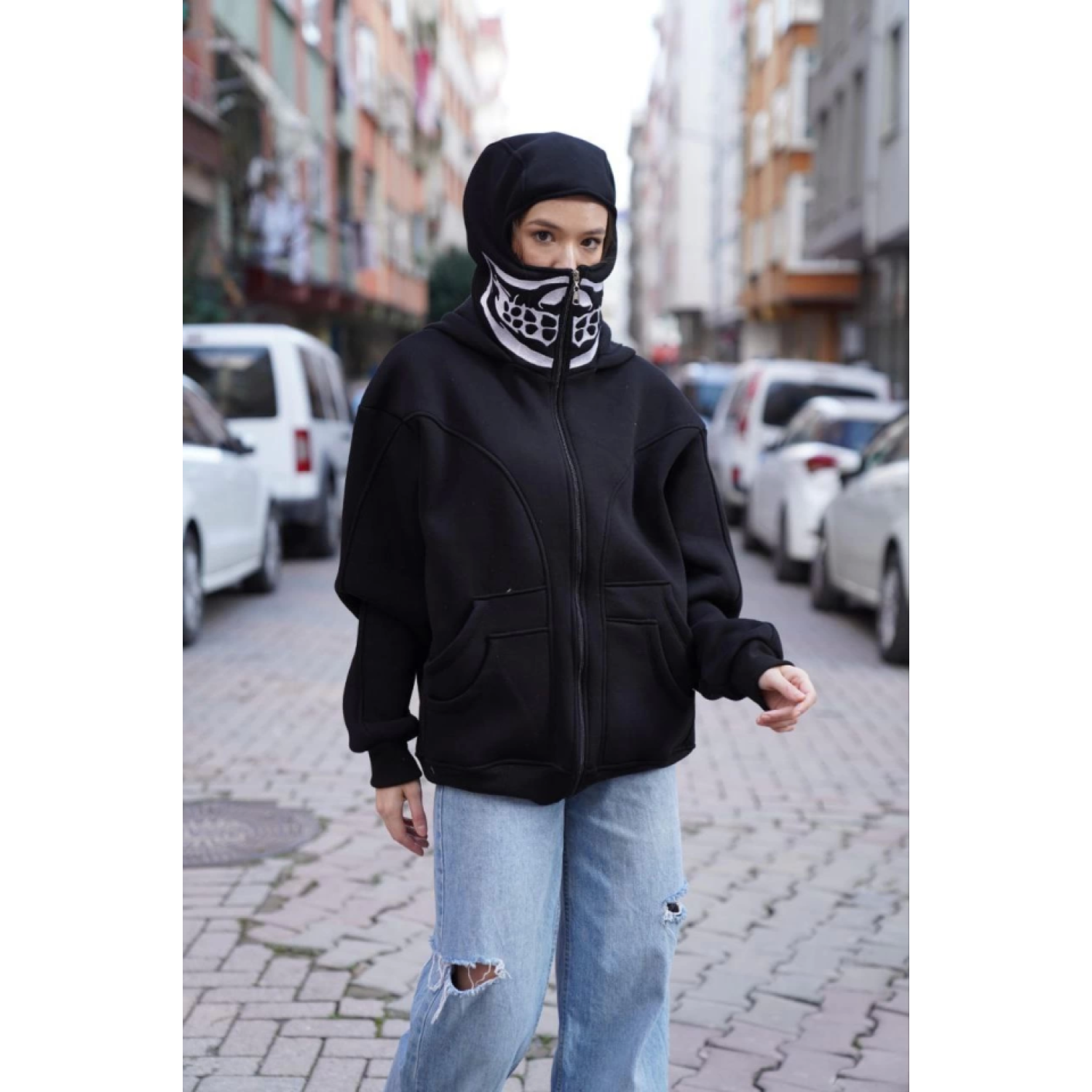 Samuray Kapşonlu ZIP Fermuarlı Çift Kapşonlu Nakışlı SweatShirt- 